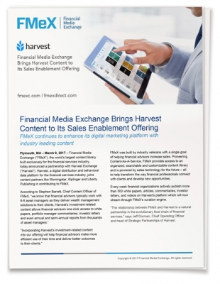 Financial Media Exchange Brings Harvest  Content to Its Sales Enablement Offering